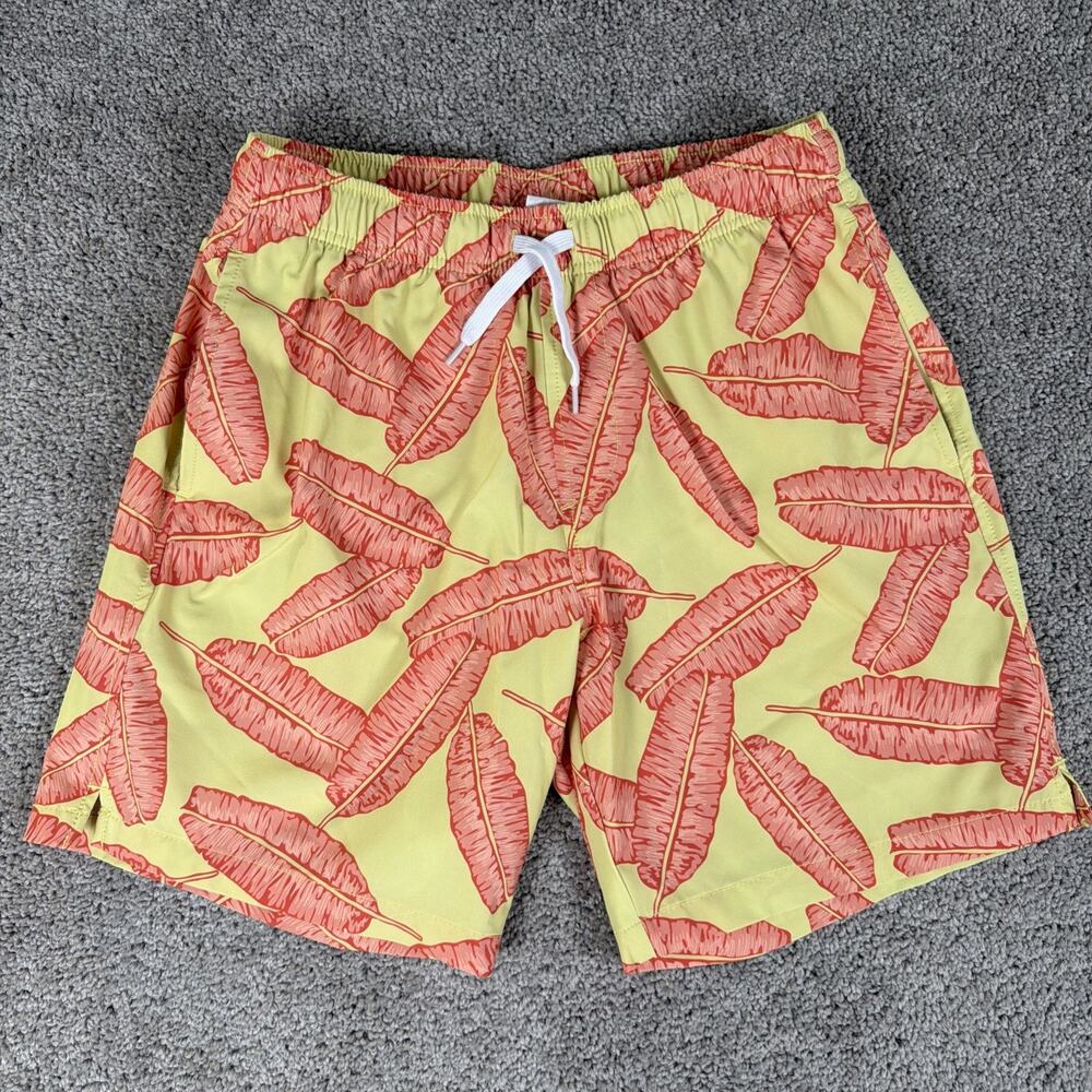 Bear Bottom Swim Trunks Mens M Yellow AOP Lined Swim Shorts 7" Inseam Pockets